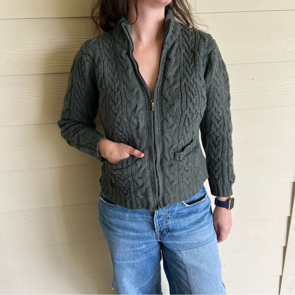 Inis Crafts Sweaters - Vintage Inis Crafts 100% Merino Wool Cable Knit Full Zip Sweater - Green - S
